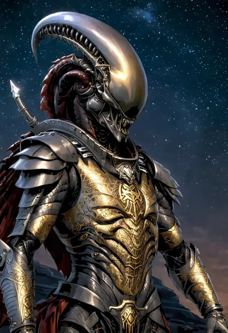 An insanely Detailed Divine Xenomorph, Golden and silver in color, cyberpunk, a crimson tinge to the golden color, Hyperdetailed, Omnipresent, Beautiful, Sinister overtones, otherworldly,((masterpiece, best quality)), fantasy, solo, 1 alien knight, silver armor chestplate with silver medieval ornaments and runes, galactic night sky background, perfect composition, sidelighting, outdoor,