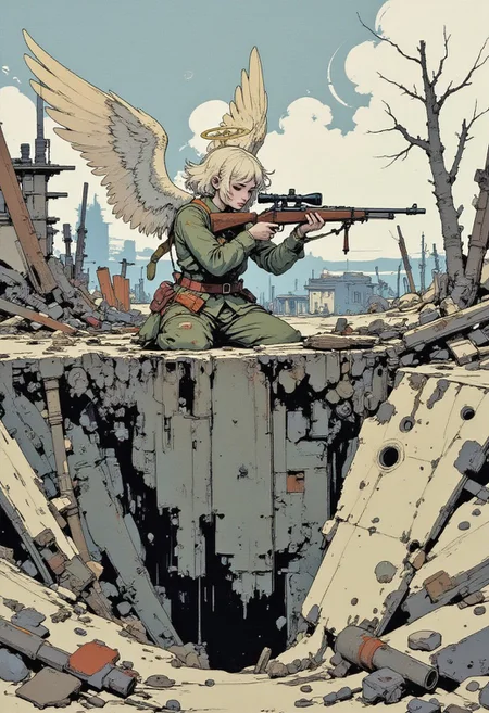 A digital artwork in the style of cknc,, sftsrv style illustration, A detailed digital illustration of, a war-torn countryside defense featuring an angel with pale skin and short, tousled ash-blonde hair, wearing british world war 1 uniform, standing in a muddy trench while aiming a scoped bolt-action rifle; her wings are spattered with mud yet still shimmer faintly in the overcast daylight, and her golden halo provides a soft glow that pierces through the thick, swirling fog; the trench is surrounded by broken earth, shattered wooden barricades, and the charred remains of once-thriving farmland, while faint artillery fire echoes in the distance, adding a haunting tension to the desperate scene<lora:Illustration concept variant 2.safetensors:1.0:1.0> <lora:ck-nc-pastel-cyberpunk.safetensors:1:1> <lora:flux_dev_softstyle_araminta_k.safetensors:1:1>