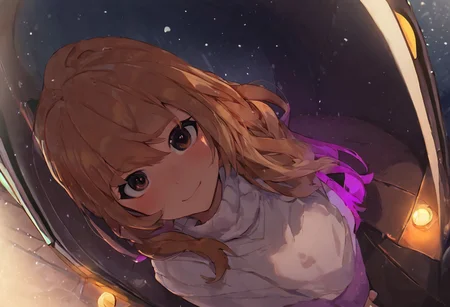 score_9, score_8_up, score_7_up, score_6_up, Aisaka_Taiga, 1girl, perfect face, cute, petite, brown eyes, colored inner hair, glowing hair, long hair, purple glowing scarf, white sweater, winter, snowing, glowing snowflakes, blush, shy smile, shy look, night, dimmed light, compartment car, porch, snow, from above, fisheye, christmas lights, blizzard, wind, snow on head, love eyes