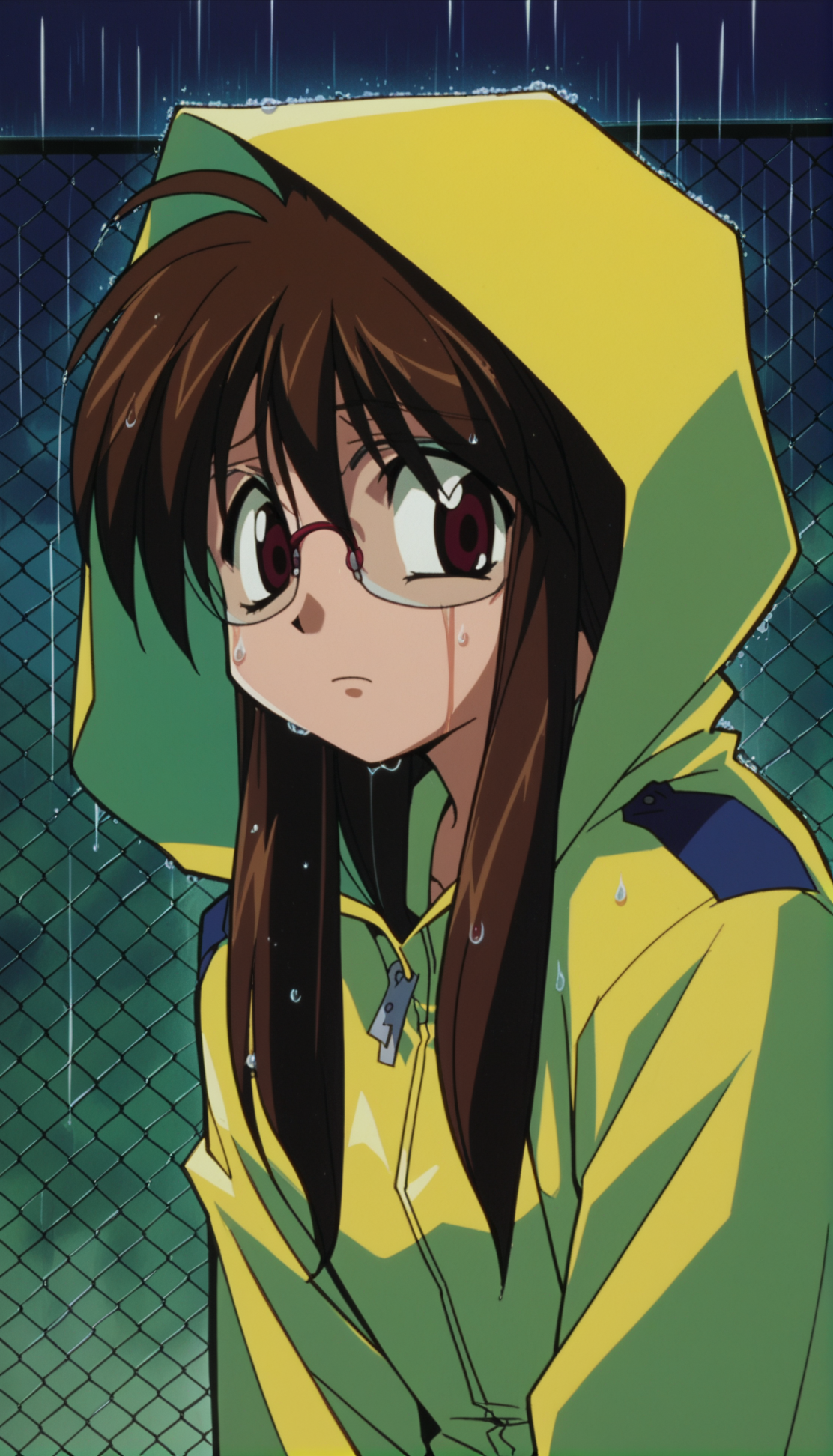 score_9,score_8_up,score_7_up,Nikaido Yoriko Pony,1990s \(style\),1girl,solo,glasses,rain,brown hair,raincoat,brown eyes,hood,fence,long hair,dark,wet,chain-link fence,hood up,<lora:Nikaido Yoriko Pony:0.9>,outdoors,night,nervous,looking_back,close-up,face_focus,portrait,