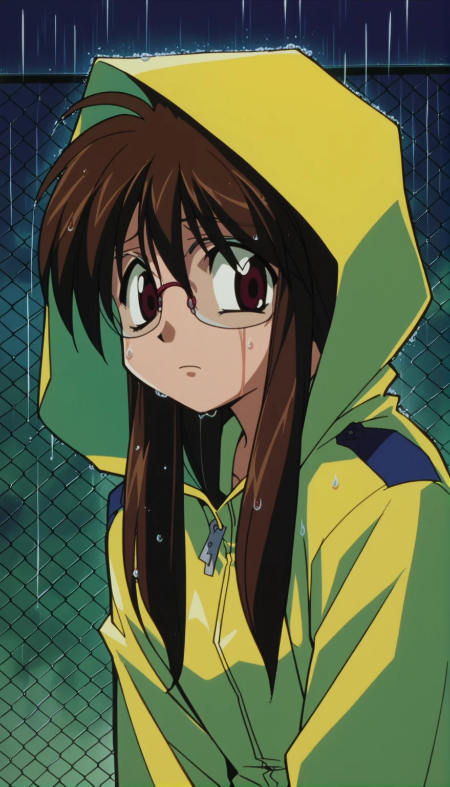 score_9,score_8_up,score_7_up,Nikaido Yoriko Pony,1990s \(style\),1girl,solo,glasses,rain,brown hair,raincoat,brown eyes,hood,fence,long hair,dark,wet,chain-link fence,hood up,<lora:Nikaido Yoriko Pony:0.9>,outdoors,night,nervous,looking_back,close-up,face_focus,portrait,