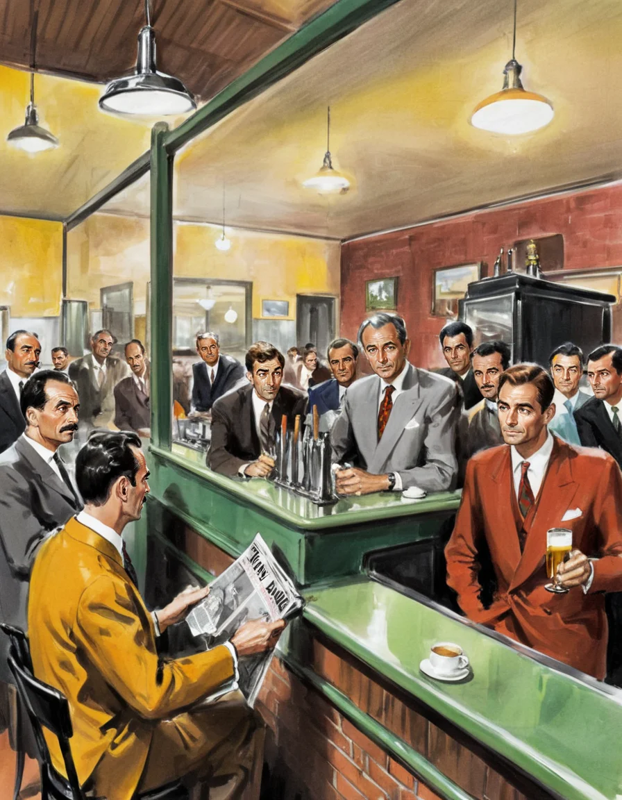 WMolino illustration depicts a crowd of elegantly dressed individuals is gathered inside a café-like setting, seemingly engrossed in watching a broadcast on an old-fashioned television. At the forefront, two gentlemen are seated on metal-framed chairs. The one on the left sports a mustard-colored suit complemented by a green patterned tie. He's leaning back, with a cigarette held between his fingers. The man beside him is clad in a grey suit with a red tie, also reclining in his chair, and both appear to be intently watching the television. To the right, a man in a brick-red blazer casually leans against a bar, holding a newspaper in one hand and a glass of beer in the other. An attendant in a white apron stands behind the counter, seemingly operating a beer tap. The room is bustling with people, some seated at tables in the middle ground, and others standing towards the back, offering furtive glances. The television is positioned to the left, its screen obscured from view, but its height suggests it demands attention from all in the room. In the background, light streams through the windows, casting a soft glow on the scene. The overall atmosphere is one of anticipation and camaraderie, as the patrons share in the experience of watching the broadcast together. The color palette is warm and inviting, evoking a sense of nostalgia and timelessness, typical of vintage-style art.<lora:WMolino1-000006:1>