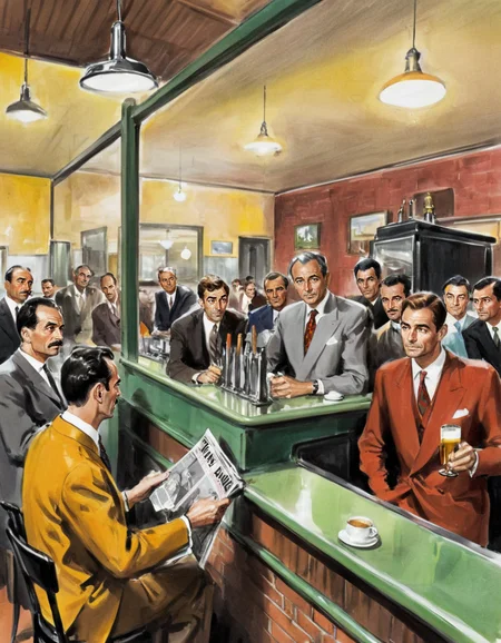WMolino illustration depicts a crowd of elegantly dressed individuals is gathered inside a café-like setting, seemingly engrossed in watching a broadcast on an old-fashioned television. At the forefront, two gentlemen are seated on metal-framed chairs. The one on the left sports a mustard-colored suit complemented by a green patterned tie. He's leaning back, with a cigarette held between his fingers. The man beside him is clad in a grey suit with a red tie, also reclining in his chair, and both appear to be intently watching the television. To the right, a man in a brick-red blazer casually leans against a bar, holding a newspaper in one hand and a glass of beer in the other. An attendant in a white apron stands behind the counter, seemingly operating a beer tap. The room is bustling with people, some seated at tables in the middle ground, and others standing towards the back, offering furtive glances. The television is positioned to the left, its screen obscured from view, but its height suggests it demands attention from all in the room. In the background, light streams through the windows, casting a soft glow on the scene. The overall atmosphere is one of anticipation and camaraderie, as the patrons share in the experience of watching the broadcast together. The color palette is warm and inviting, evoking a sense of nostalgia and timelessness, typical of vintage-style art.<lora:WMolino1-000006:1>