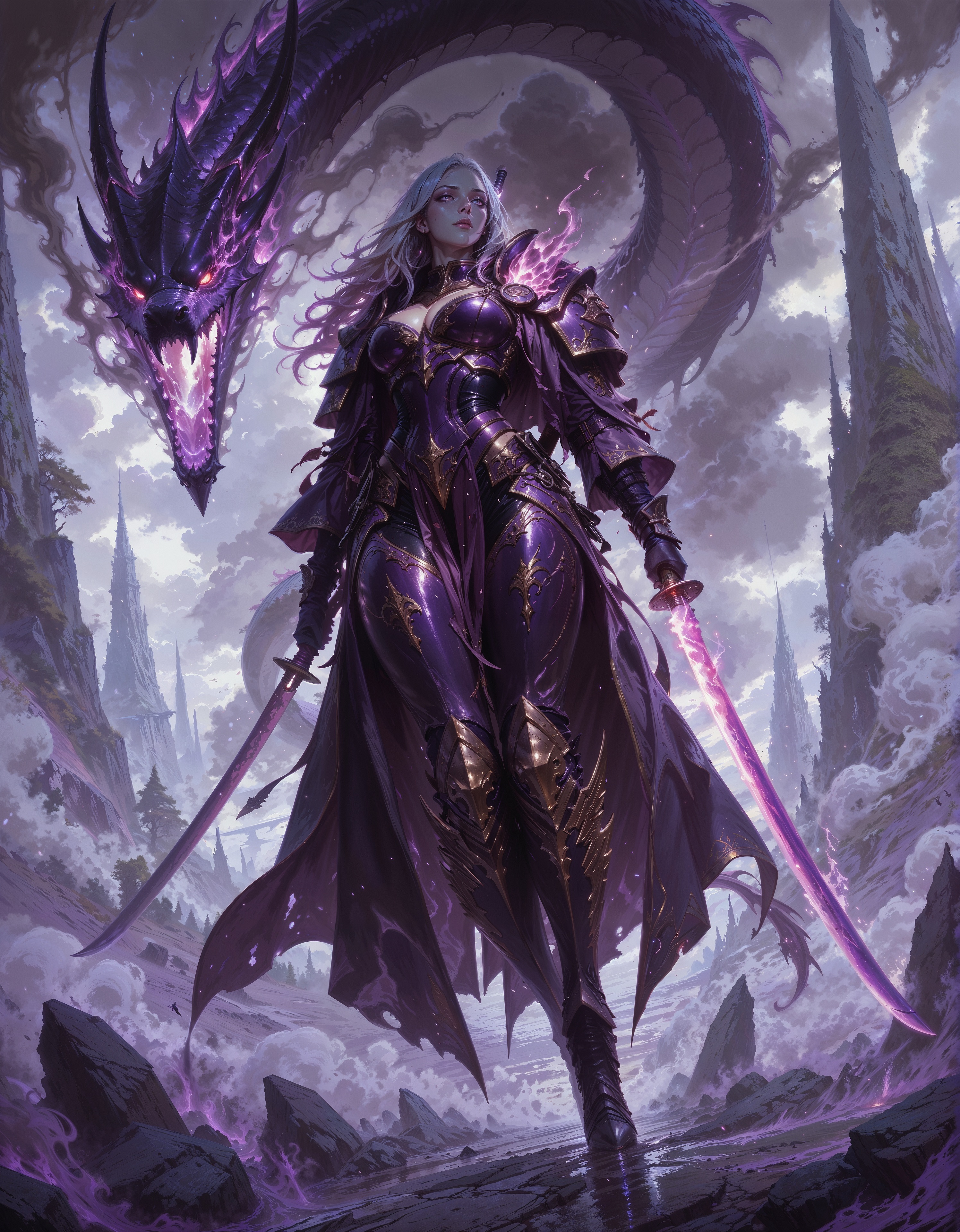 masterpiece, best quality,high quality, newest, highres,8K,HDR,absurdres, 1girl,solo,iLLFulgrim40k,armor,dual wielding swords,flaming purple katana,battle-ready stance,confident expression,dramatic pose,mystical battlefield,smoke and mist,glowing purple effects,dark fantasy style,oil painting (medium),centered composition,dynamic angle,absurdres,highres,, dragon spirits, fine details,8k render masterpiece,best quality,amazing quality,very awa,absurdres,newest,very aesthetic <lora:iLLFulgrim40k:1> <lora:iLLMythG0thicL1nes:0.8> G0thicL1nes