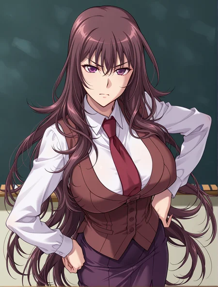 masterpiece, best quality, very aesthetic, absurdres, newest,
Reina_k, 1girl, solo, purple eyes, very long hair, brown hair, large breasts,
white shirt,red necktie, brown vest, pantyhose, navyblue skirt, pencil skirt,long sleeves
<lora:Reina_k_v1_IL:1> looking at viewer,arm on hip,In front of the blackboard,v-shaped eyebrows