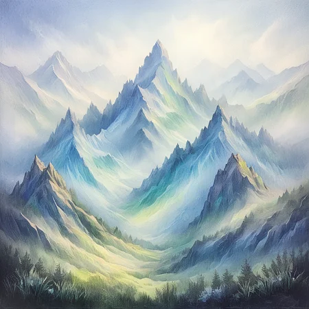 ArsMJStyle, Oil Pastels ,<lora:Oil_Pastels:1>, <lora:add-detail-xl:1.2> Misty mountain landscape, soft blended edges, layers of cool blues and greens, jagged peaks emerging from fog, subtle color transitions, visible pastel marks creating atmospheric depth