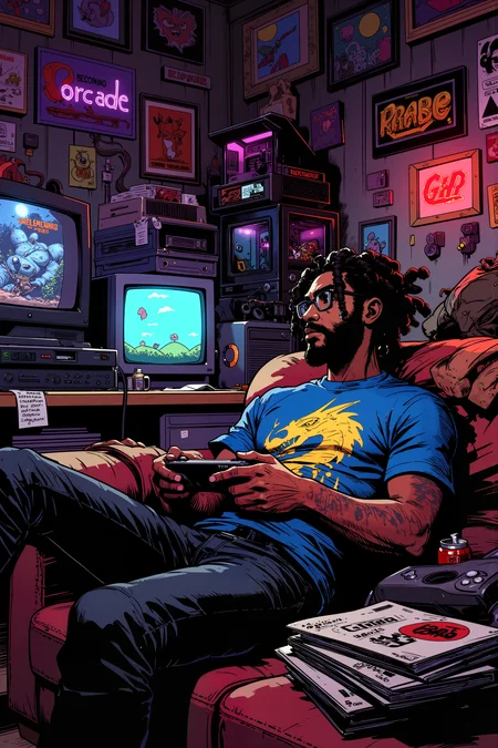 Surrounded by towering walls of retro video games and vintage consoles, a breathtakingly attractive man with dark skin and perfectly styled dreadlocks lounges on a couch, an old-school controller in hand, his gaze locked on the CRT screen in front of him. He wears a snug, faded graphic tee featuring a pixelated dragon, the soft fabric hugging his toned frame, while his thick-rimmed glasses catch the neon glow of arcade signs flickering in the background. Posters of classic games and legendary speedrun records decorate the walls, adding to the nostalgic yet electric energy of the room. A stack of well-worn game cartridges sits beside him, along with a bag of snacks and a half-empty soda can, remnants of an all-night gaming session. Behind him, a custom-built PC glows with RGB lights, its transparent case revealing a masterpiece of high-end hardware. A pile of gaming magazines, filled with handwritten notes on strategy guides and hidden Easter eggs, lies open on the coffee table. His fingers tap effortlessly against the buttons, executing a perfect combo with practiced ease, his confident smirk revealing that heâs about to break yet another high score. , detailed background Fantastic lighting. Detailed shadows.intricate details, vivid colors, hyper-detailed, ultra-sharp, , <lora:Ev_Ganin:0.4><lora:Vintage comic book:0.4><lora:RetroAnimeFluxV1:0.15><lora:Greg_Capullo_style:0.4><lora:jeanClaude_Mzires_Style_FLUX-000001:0.4><lora:Flux_Ink_Anime:0.4>