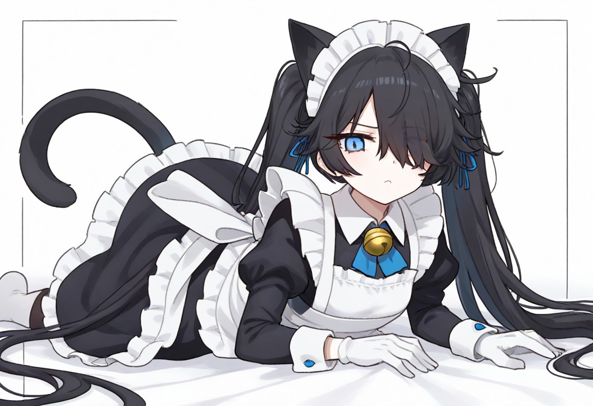 (Maid-kasli), solo, white gloves, dress, hair over one eye, maid apron, blue eyes, twintails, cat ears, maid headdress, maid, gloves, 1girl, apron, juliet sleeves, long sleeves, long hair, black hair, animal ears, bell,(Fall down),