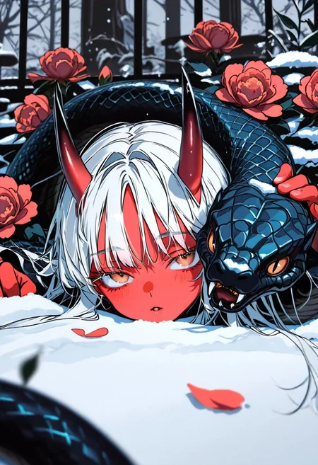 masterpiece, best quality, good quality, newest, highres, absurdres, uncensored,
BREAK
detail background, very awa, absolutely eye-catching, (beautiful face),
BREAK
amazing quality, best quality, ultra-detailed, 8K, illustration, CG, ultra-detailed-eyes, cute girl, eyelashes
BREAK
Aka-Oni, oni, colored skin, red skin, smooth horns, black horns,
BREAK
parted lips, seductive expression, blurry foreground,
BREAK
winter, snow, ((manhwa style, semi-realistic)), ((calm expression, soft eyes, expressive eyes)), (one large snake over shoulder, black snake, iridescent black scales), cool white lighting, (looking at user, facing user, relaxed stance) half body, dynamic pose, ((close up)), petting snake, hugging a white rabbit, looking at viewer,
(by yoneyama mai, rolua, roitz \( roitz \):1.25), colored lines, floral background, peony \(flower\), petals,