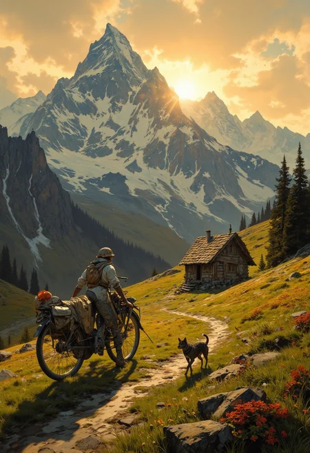 8k high quality digital painting , masterpiece, very detailed, ultra realistic, (best quality) very detailed epic masterpiece,
unearthly beautiful, a breathtakingly beautiful landscape in the French Alps, in the foreground a small boy pushes a large bicycle on a path to a small mountain hut, a dog follows him, the low yellow-red sun casts long shadows, enchanting landscape, fairytale-like, calm mood, flowers in the foreground, realistic