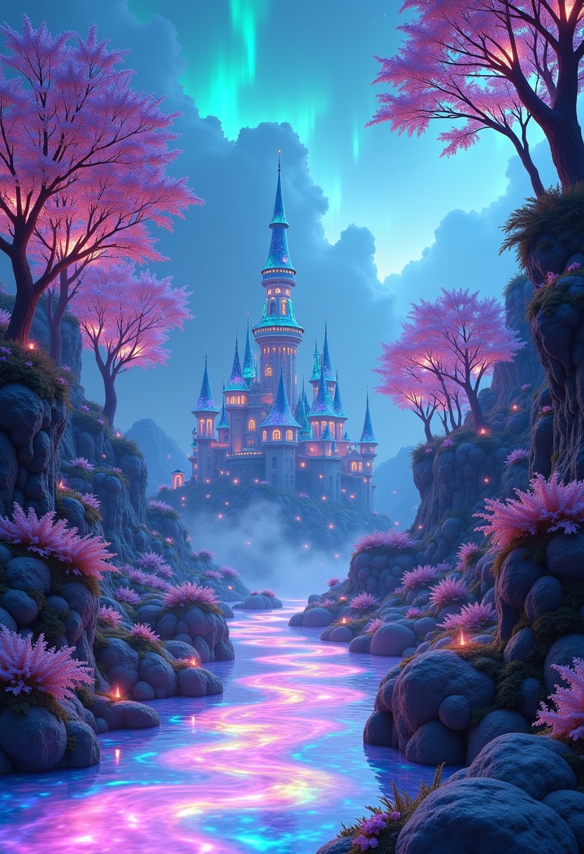 A mystical landscape crafted entirely from glowing opal, shimmering with iridescent hues. The ground, trees, and structures are made of radiant opal, reflecting vibrant blues, purples, pinks, and greens. Each surface glows with a soft, ethereal light, casting shifting rainbows across the scene. In the distance, an opal castle rises from the land, its towers gleaming with multicolored opalescence, while the sky above is filled with glowing clouds that reflect the opal hues below. The atmosphere is dreamlike, with a gentle mist swirling around, amplifying the surreal, otherworldly beauty of this opal world.