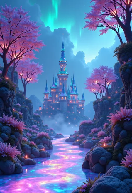 A mystical landscape crafted entirely from glowing opal, shimmering with iridescent hues. The ground, trees, and structures are made of radiant opal, reflecting vibrant blues, purples, pinks, and greens. Each surface glows with a soft, ethereal light, casting shifting rainbows across the scene. In the distance, an opal castle rises from the land, its towers gleaming with multicolored opalescence, while the sky above is filled with glowing clouds that reflect the opal hues below. The atmosphere is dreamlike, with a gentle mist swirling around, amplifying the surreal, otherworldly beauty of this opal world.