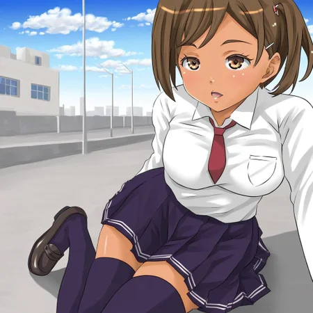 (masterpiece), best quality, expressive eyes, amazing quality, solo, Breast, School uniform, Skirt, Shirt, black thighhighs, thighhighs, day, shoes,