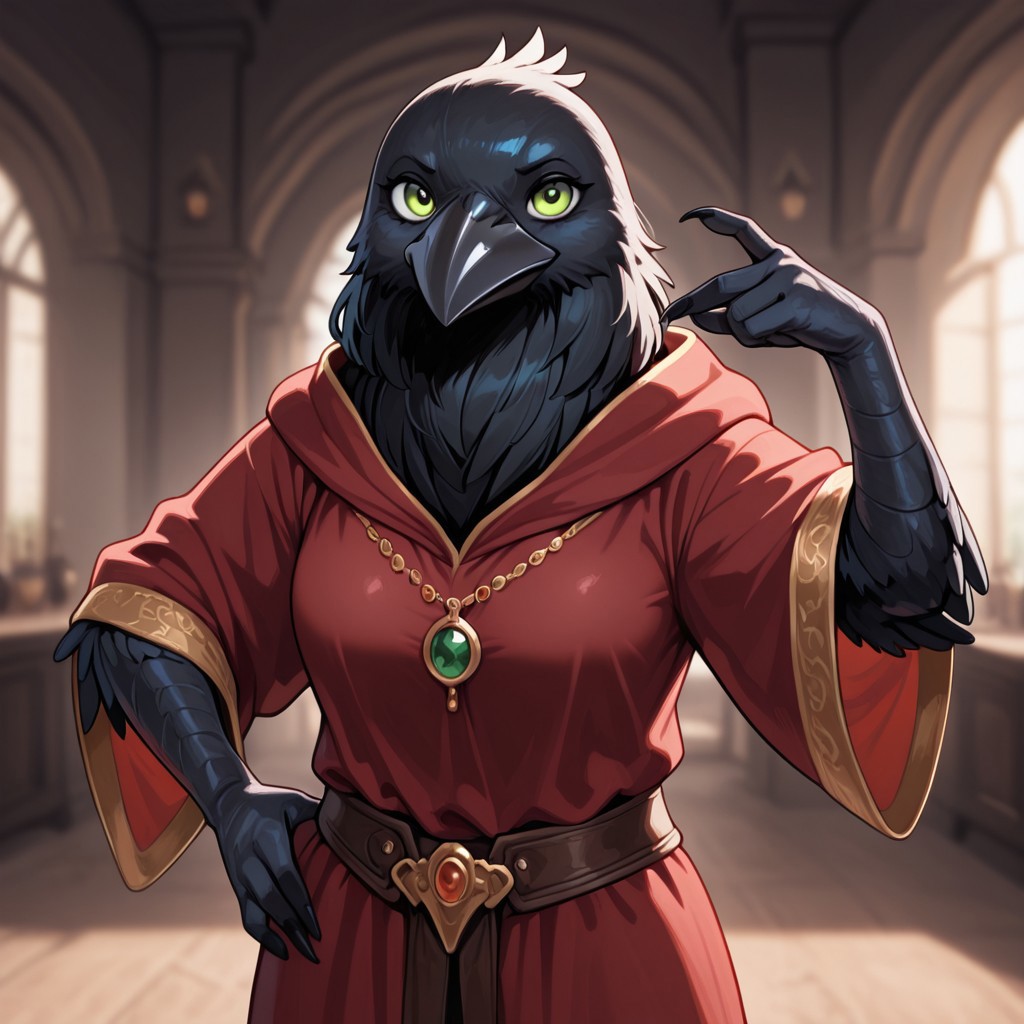 masterpiece, best quality, amazing quality, very aesthetic, solo, 
kenku, anthro bird, anthro crow, plumage,
1 girl, female focus, green eyes, red robe, gold jewelry,
looking at the viewer, posing, 
fantasy background, blurred background