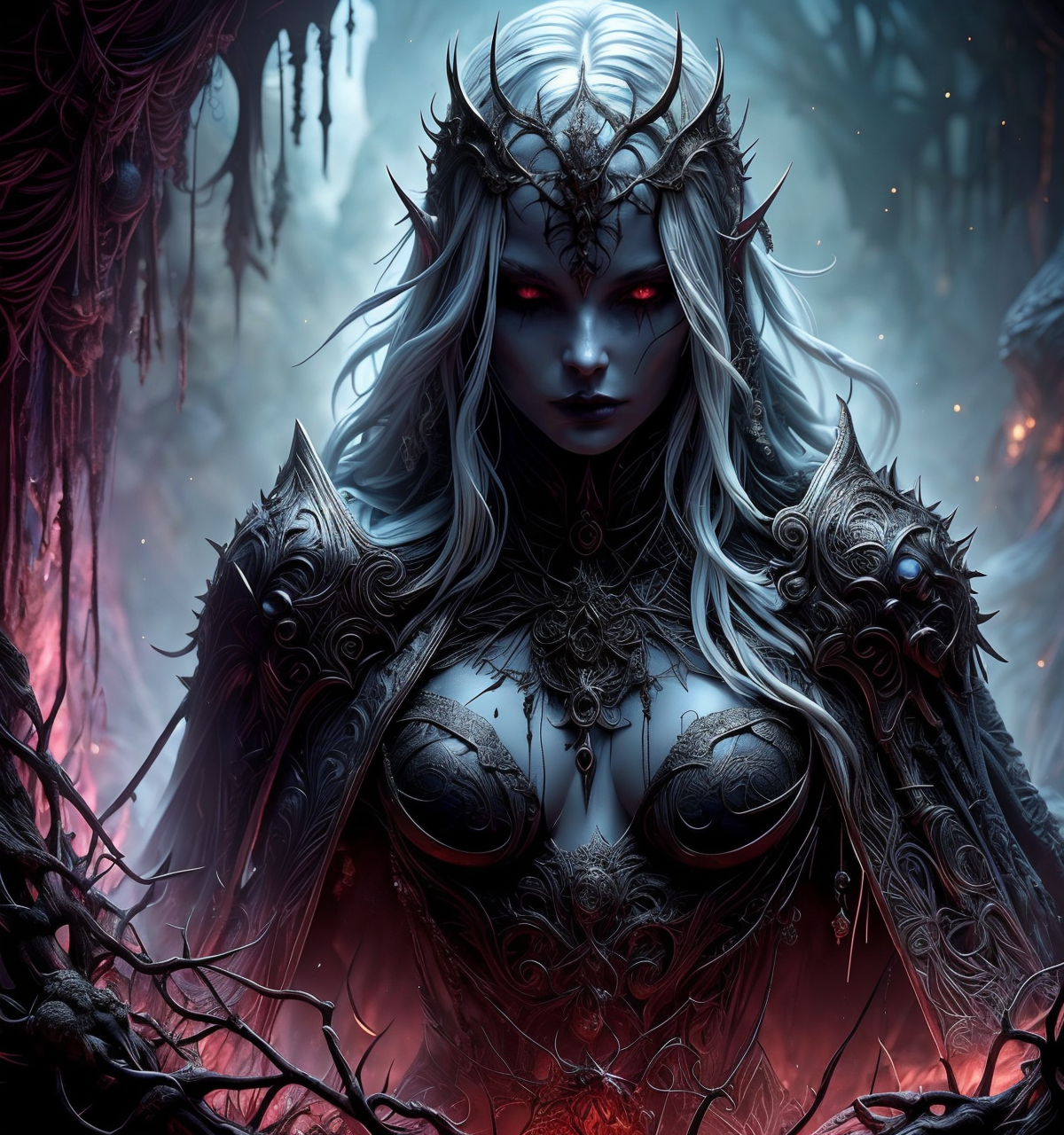 RAW photo, (masterpiece:1.3), subsurface scattering, heavy shadow, (high quality:1.4), (intricate, high detail:1.2), professional photography, HDR, High Dynamic Range, realistic, ultra realistic, photorealistic, high resolution, film photography, ambient lighting, atmospheric effects, <lora:detail_slider_v4:2>, OverallDetail, a female drow ranger, white hair, dark makeup, intricate leather armor with leaf patterns, jewelry, cape, tiara, <lora:Drow:0.85>, upper body shot, in a sinister underground cavern, river, stalagmites, purple color, <lora:Evil:0.6>, evilrealm,  <lora:storybook_last:1.2>