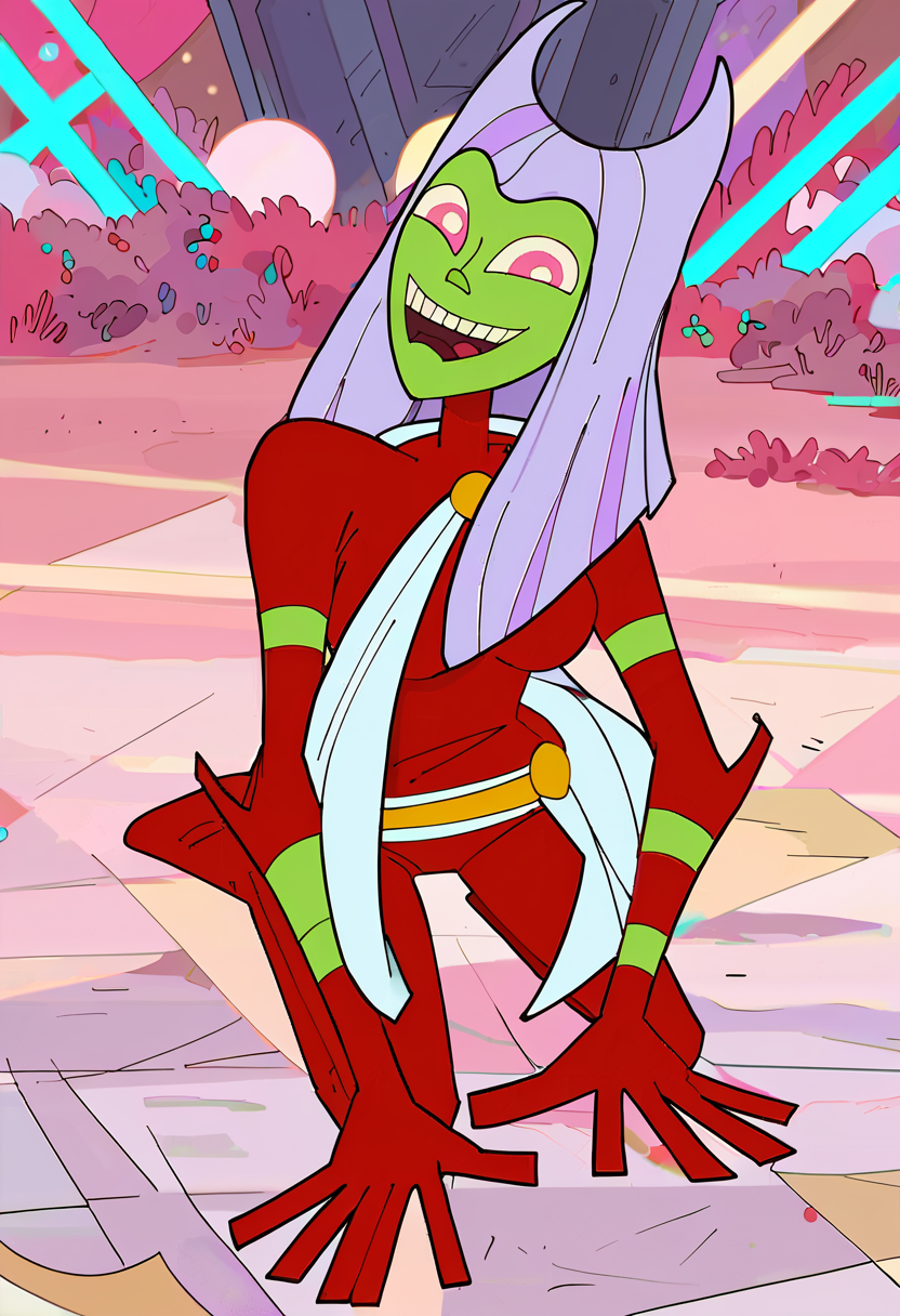 <lora:TwelveForever_ButtWitch_Pony:1.1>, butt witch \(regular\), kneeling, :o, twelve forever, 1girl, solo, colored skin, red bodysuit, arena, masterpiece, best quality, score_9, score_8_up, score_7_up