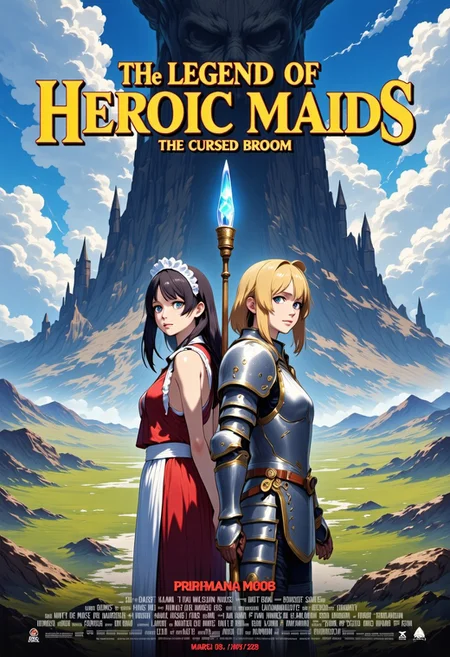 Concept:
A masterpiece high quality poster for an theatrical anime movie.
Style:
4k quality professional anime poster art with vivid vibrant colors, cel-shaded characters, perfect text title, mvpstrCE style, detail eyes, retro_anime.
Main Text:
The title of the movie is ("THE LEGEND OF HEROIC MAIDS") written at the top in bold large fantasy font with golden trim, and an underline, there is a subtitle under it saying ("The Cursed Broom") in simple yellow fantasy font.
The Characters:
On the Right Side stands a regal blonde female knight in a fancy decorated full plate armor holding a metal broom with a blade at its tip, she is also wearing a long apron and frilly maid headdress on top of her armor, she is standing in sideview but looking at viewer, she has blue eyes.
On the Left Side stands a gorgeous brunette witch wearing a red frilly fancy sleeveless dress and she is holding a magical broom with blue magical crystal at its tip, she is wearing a fancy apron and frilly maid headdress on top of her dress, she is standing in sideview but looking at viewer, she has green eyes.
The Background:
Vast grassy hills, mountains, epic castle in the distance, a silhouette of a giant evil broom towering over the landscape shrouded in mist infused with dark magic, majestic anime clouds frame scene.
Additional Text At Bottom of Poster:
At the bottom names of fake voice actors usually seen on anime posters, including a release date in ("March 2026") in a red font.