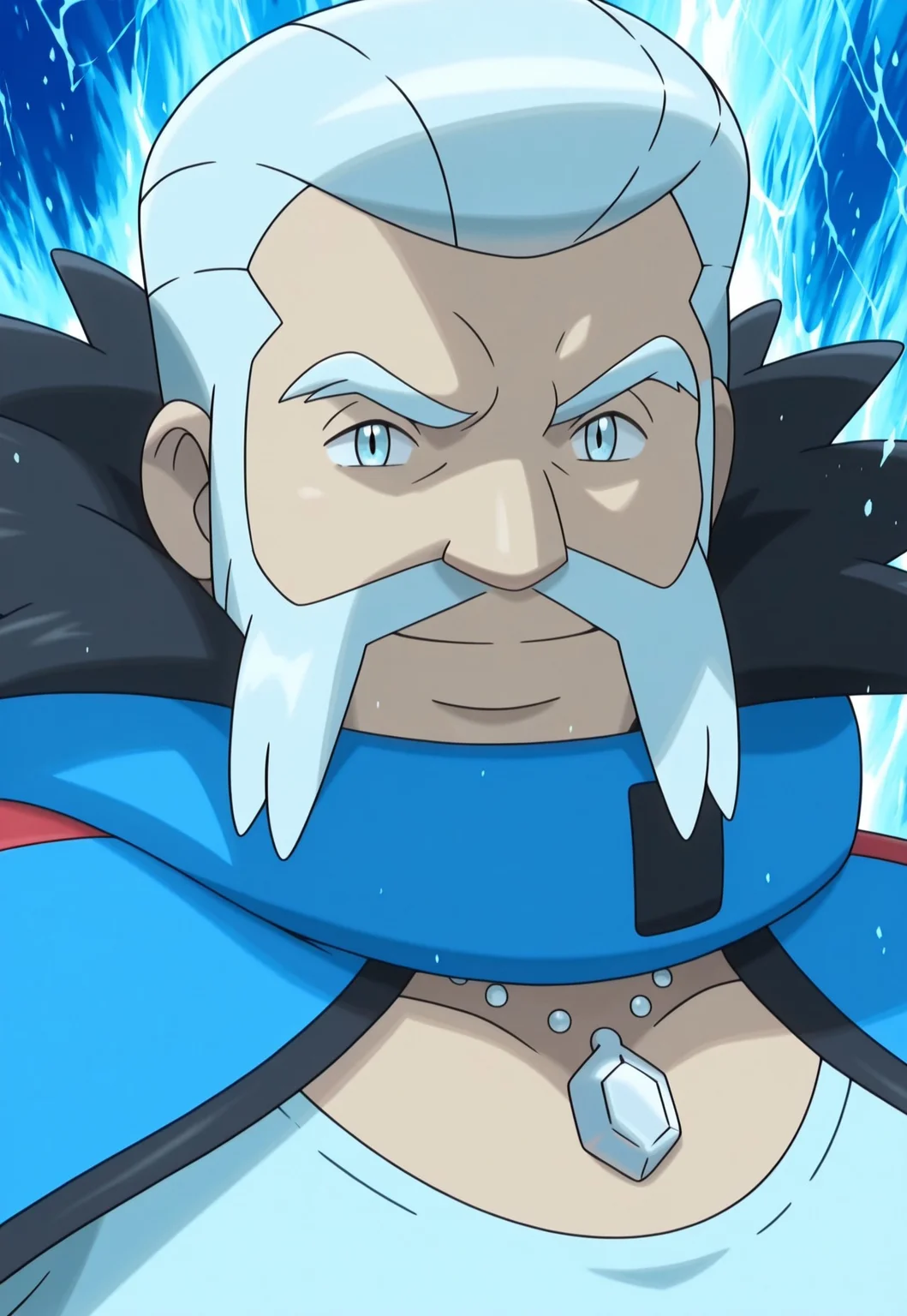 solo, masterpiece, modern, new, 1boy, male, masculine face, daddy looking face,
PokeWulfric, white hair, facial hair, open jacket, white shirt, necklace, headshot, portrait, looking at viewer, smiling