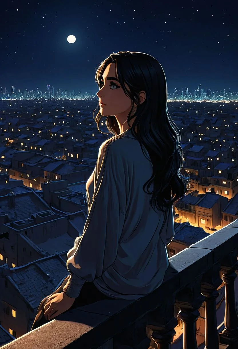 a woman standing next to a railing at night, realistic anime art style, from egypt, she is sitting on a rooftop, cartoon look, warm summer nights, streaming on twitch, 2d cartoon, with long dark hair, evening makeup, royaltly, animation, unknown artstyle, siluette, busy with people