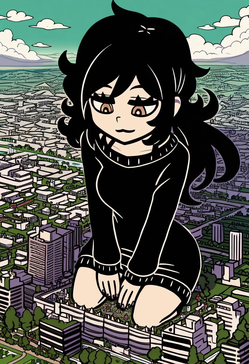 score_9, score_8_up, score_7_up, score_6_up, green background, by nemlei, the coffin of andy and leyley, anneboonchuy, blue long straight hair, light-skinned female, wide hips, medium breasts, brown eyes, mischeaveous smile,cute,black lips,virgin killer sweater
happy, looking down, arms crossed, sitting on the floor, 
detailed face, giga giantess, macro, angelic, flawless, high resolution, above the city, (shrunken city :1.4), (shrunken cityscape:1.3), micro cityscape, clouds on background, solo, full body,  ((landscape)), 
BREAK, city, macro, giantess,giantess, landscape dwarfing, giga, extreme size, difference<lora:Flora_TwoKinds_PDXL_epoch_7:1>