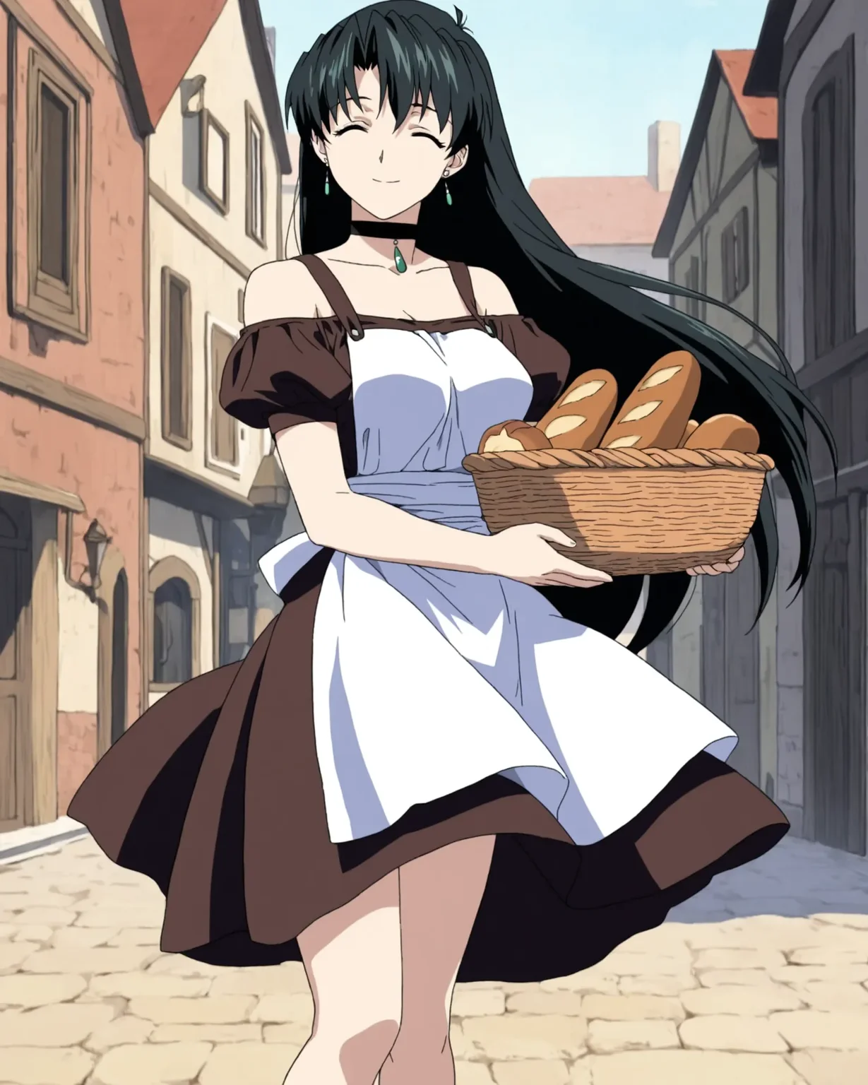 <lora:Raquel_ill_v10:0.8> Raquel Casull, 1girl, solo, maid, jewelry, earrings, choker, black choker, dark brown dress, dress, puffy sleeves, short sleeves, apron, white apron, waist apron, bare shoulders, knees, breast,closed eyes, smile, holding basket,food, bread, town, floating clothes, high quality,highres, absurdres, super detailed skin