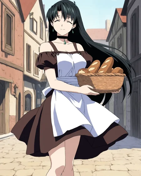 <lora:Raquel_ill_v10:0.8> Raquel Casull, 1girl, solo, maid, jewelry, earrings, choker, black choker, dark brown dress, dress, puffy sleeves, short sleeves, apron, white apron, waist apron, bare shoulders, knees, breast,closed eyes, smile, holding basket,food, bread, town, floating clothes, high quality,highres, absurdres, super detailed skin