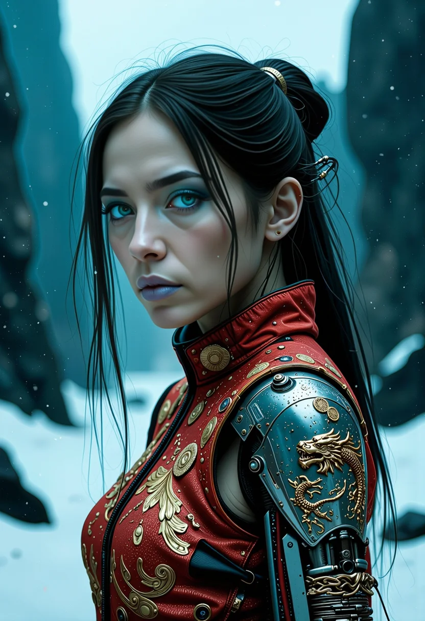 a post-apocalypse portrait of a young beautiful cyberpunk Chinese woman with mechanical_arms and pale skin and long dark hair, blue mystical make up, striking white eyes with , pale blue lips. She wears an ornate, traditional garment in red gold and blue with dragon-like designs on the shoulders. Set against a blurred snowy landscape with dark rocks and trees creating a serene mystical atmosphere. The style focuses on realistic textures, intricate details, and ethereal beauty, evoking a contemplative, mystical mood. <lora:flux/aidmaImageUpgrader-FLUX-V0.2>, aidmaimageupgrader, <lora:Magic of Art 2 (FLUX)>, Cinematic style, Beauty, Realism, Photorealism, Chiaroscuro, High quality, <lora:flux/mjv6_lora flux.safetensors_converted>
