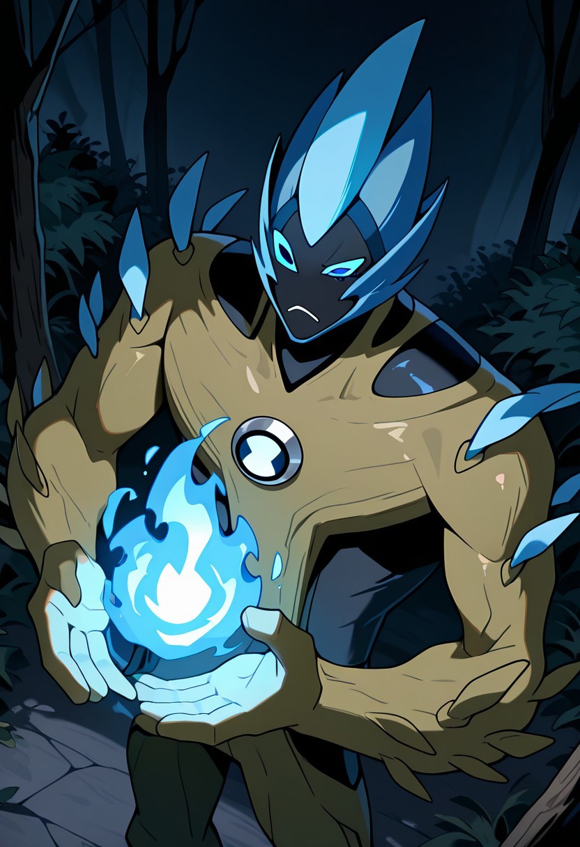 masterpiece, best quality, amazing quality, very aesthetic, absurdres, newest, 
swampfire, colored skin, spikes, colored sclera, 1boy,,  no humans, pokemon (creature), shoulder spikes,
brown skin, blue hair, big hands, wooden skin, dark brown skin, blue spikes, blue eyes, big legs, wide head, wide shaped head, no red, blue head spikes, blue head, black face, blue head fluff, 
brown forest, black sky, above, upper body, frown, missing one eye, blue eye, from above, blue fire, magic fire hands,