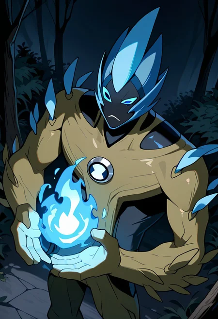 masterpiece, best quality, amazing quality, very aesthetic, absurdres, newest, 
swampfire, colored skin, spikes, colored sclera, 1boy,,  no humans, pokemon (creature), shoulder spikes,
brown skin, blue hair, big hands, wooden skin, dark brown skin, blue spikes, blue eyes, big legs, wide head, wide shaped head, no red, blue head spikes, blue head, black face, blue head fluff, 
brown forest, black sky, above, upper body, frown, missing one eye, blue eye, from above, blue fire, magic fire hands,