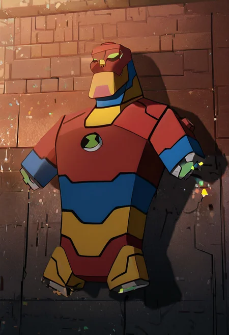masterpiece, best quality, amazing quality, very aesthetic, absurdres, newest,, detailed background, 
 movie scene, cinematic scene, cinematic, 
bloxx, robot, mecha, solo, armor, green eyes,, massive arms, upper body, , big head, massive head, short legs, 
amputee, colorful bricks everywhere, dismembered, building bricks lego pieces,