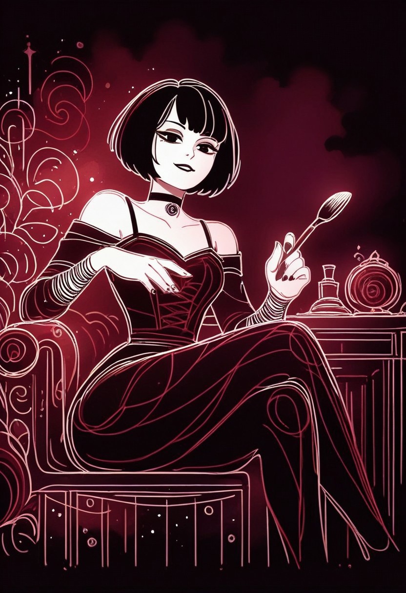 score_9,score_8_up,score_7_up, BREAK pink sketch, monochrome, black theme, 1girl, paining , holding brush , 1girl, gothic,  pale skin,  black hair,  very short hair,  black eyes, black choker,  solo, sitting, from below, crossed legs ,  looking at viewer , seductive smile,