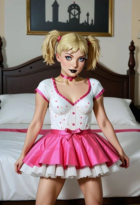 masterpiece, best quality, amazing quality, very aesthetic, high resolution, ultra-detailed, absurdres, 1girl, Harleybtas,1girl,solo,twintails,short hair, blonde hair, blue eyes, choker, black lips, medium breasts, Vendetta Outfit, bed, bedroom,