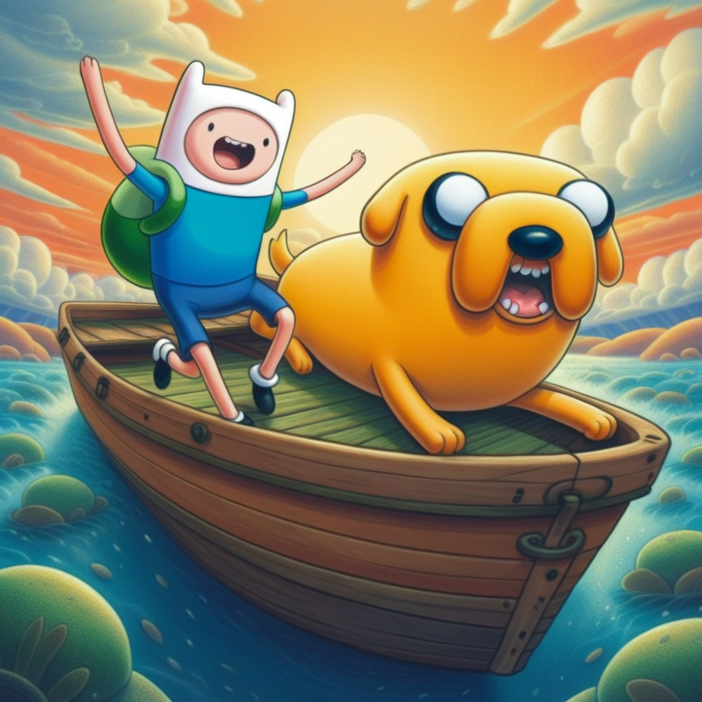 adtime, jake, finn, on a boat high quality, 2boys, yellow dog, green hiils, clouds <lora:KK__Adventure_Time_Style_SDXL:1>