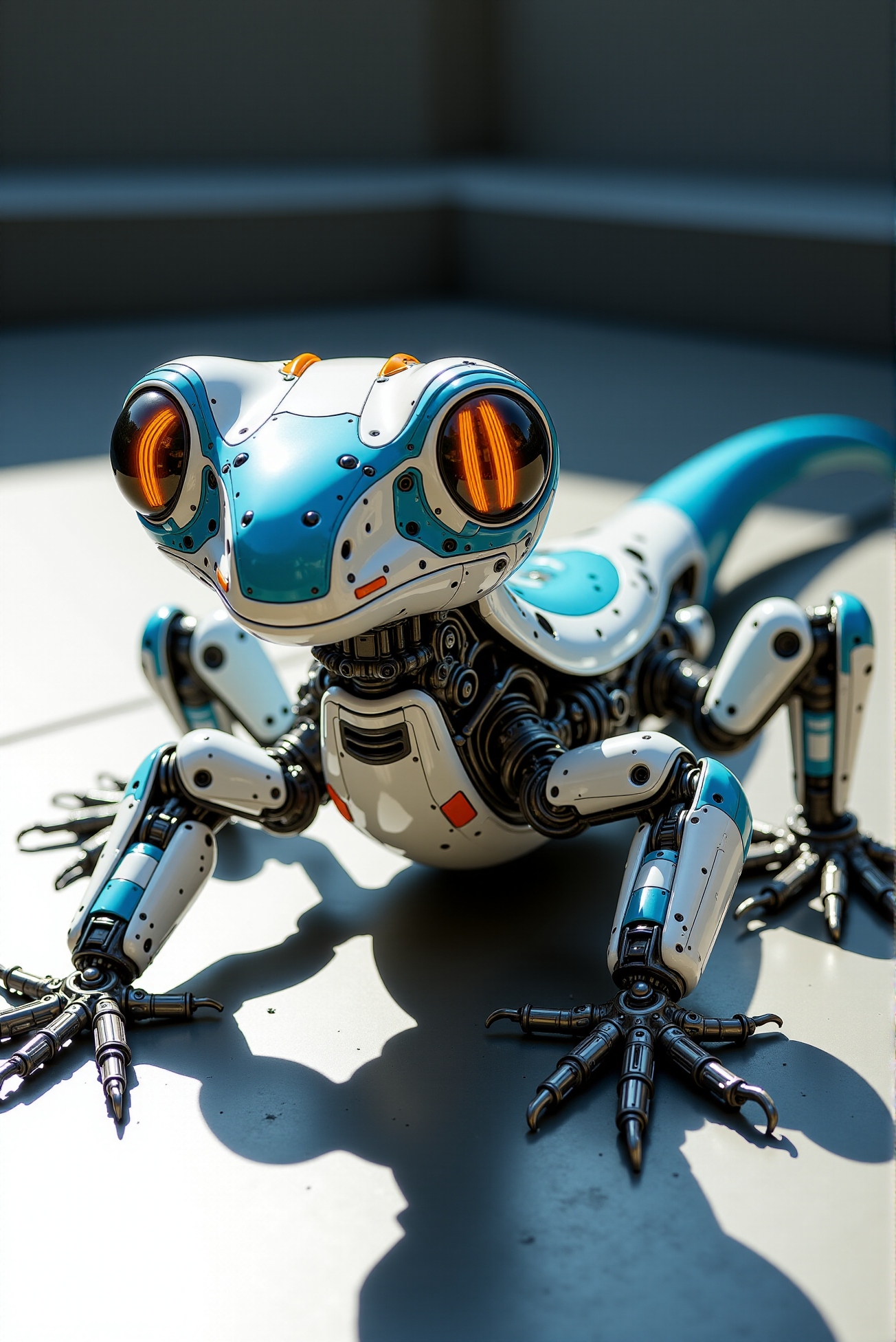 <lora:Mecha_Anime_style_v.1:0.8> A sleek robotic gecko crouches on a smooth, metallic surface beneath stark sunlight, its high-gloss white and anodized chassis segmented with precision-machined plates and accented by subtle orange indicators and carbon fiber struts. Articulated limbs with triple-jointed digits splay outward in a poised stance, each claw-tipped finger anchored for frictionless mobility. Its oversized amber-ringed eyes glow with autonomous awareness, gazing over its shoulder, recessed into a contoured head shaped for aerodynamics and sensor integration. Exposed servo actuators and synthetic tendon cabling ripple with latent energy, merging advanced biomechanical engineering with lizard-like agility in an elegant fusion of robotics and nature-inspired design.