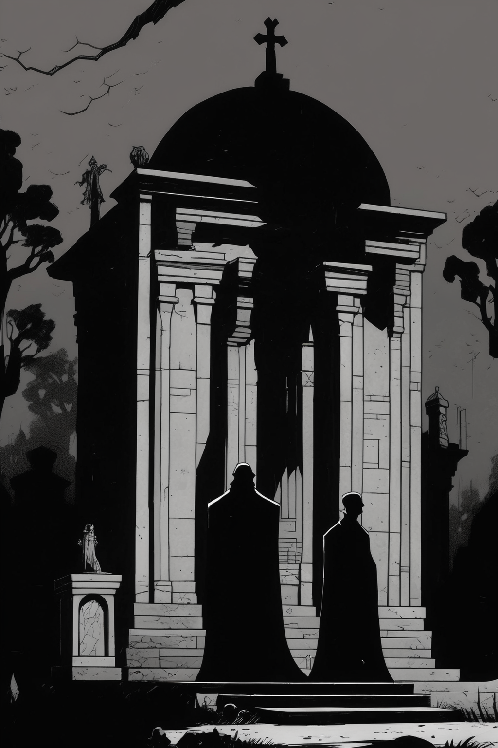 <lora:Mike Mignola Style:1>Mike Mignola Style - shadowy figures by a mausoleum. By Mike Mignola in black and white