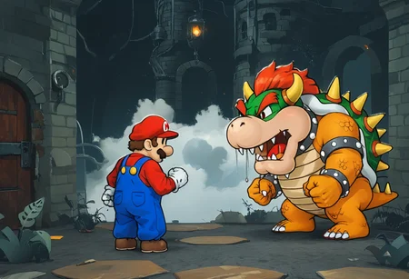 score_9,score_8_up,score_7_up,source_anime,<lora:PonyBossBattle:1.1>,bosstyle,<lora:paper_mario_style:0.8>,paper_mario_style,dot eyes BREAK
1boy,mario,<lora:mario-cosplay-ponyxl-lora-nochekaiser:0.2>,mariocosplay,mario \(cosplay\),blue overalls,overalls,shirt,red shirt,long sleeves,collared shirt,hat,red hat,from behind,clenched hands BREAK
giant,bowser,