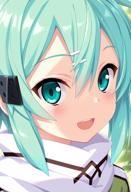 (best quality , masterpiece, good quality), sfw, general, 1girl, solo, sinon, aqua hair, aqua eyes, portrait, hairpin, scarf, upper body, blush, smile, open mouth, looking at viewer, <lora:kannagireistyle_ilxl:1>, kannagireistyle,