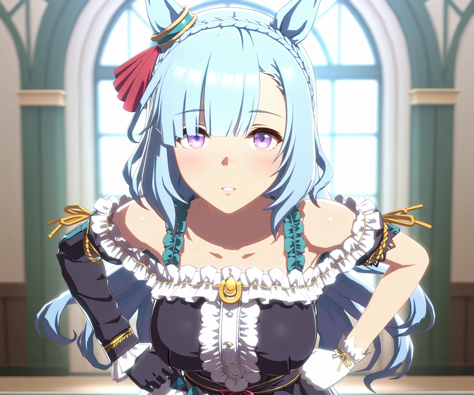 masterpiece, best quality, amazing quality, , 1girl, solo, looking at viewer, <lora:Mejiro_Ardan_in_game_style_3D_ILL-v2.2:1> ummsmingame, 3d, mejiro ardan \(umamusume\), asymmetrical gloves, single sleeve