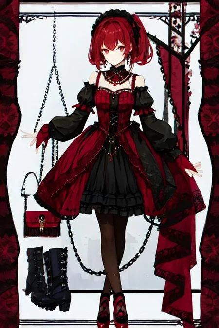 crimson_color dress, embroidery, jewelery, gown, frills, gloves/elbow gloves, high heels/shoes, pantyhose/thighhighs