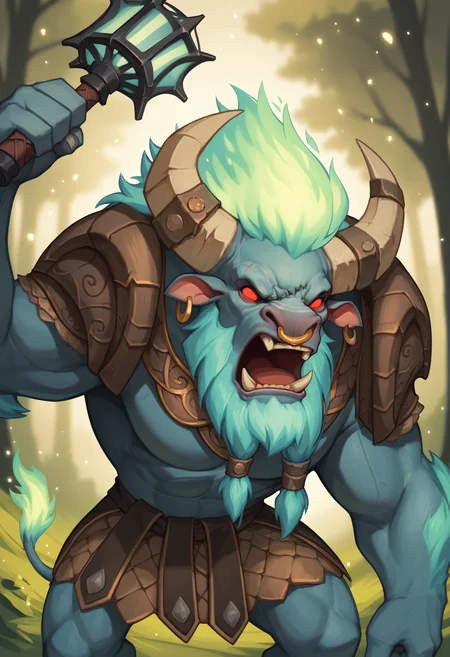 score_9, score_8_up, score_7_up, score_6_up, score_5_up, score_4_up, BREAK, 1boy, spiritbreakerpdxl, male, minotaur, beard, nose ring, red eyes, no pupils, shoulder armor, armor, solo, muscular, looking at viewer, open mouth, hunched over, kilt, holding weapon, lantern, chain, screaming, angry, light particles, fiery hair, forest, sunny, ear ring, broken horn, <lora:SpiritBreaker-000005:0.7>