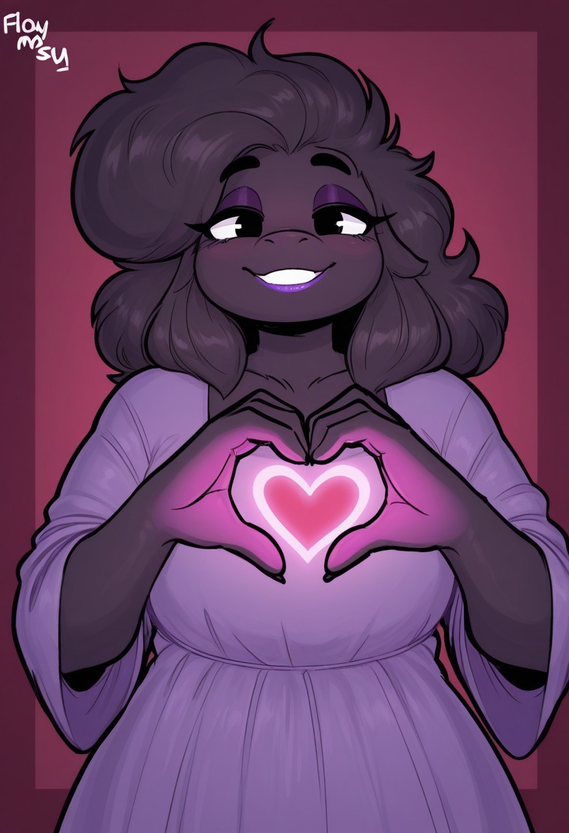 1girl, solo, medium build, medium hair, sfw, safe for work, covered skin, flowy dress,  black eyes, purple lipgloss, smiling, portrait, upper body, heart hands, foreshortening, detailed, newest, furry female, furry, anthro
uromatsu