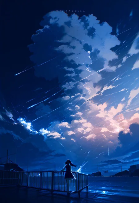 storm brewing, storm clouds, thousands of ships in a glittering ocean, dark blue theme,  in the pool,  a pop Courreges 2 attractive air hostess with large sunglasses mask, 80 degree view, moody lighting, high contrast, dark background, jill stingray, twintails, silhouette, a3nua,
BREAK,
score_9_up, score_8_up, score_7_up,
