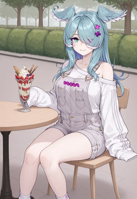 masterpiece, best quality, stmasterstyle, (((1girl))), solo,
((niji-pendora,large breasts,heterochromia,green eye,symbol pupils,+_+,blue-green hair,streaked hair,head wings,long hair,hair ornament,x hair ornament,hair over one eye,covered one eye, niji-pendoracos1,grey overalls,short overalls,white sweater,long sleeves,sleeves past fingers,sleeves past wrists,single off shoulder,white socks,short socks,))
looking at viewer, smile, blush, loving stare, sitting at the table, parfait,
outdoors, park cafe background, crowded place, motion blur, 1girl focus,