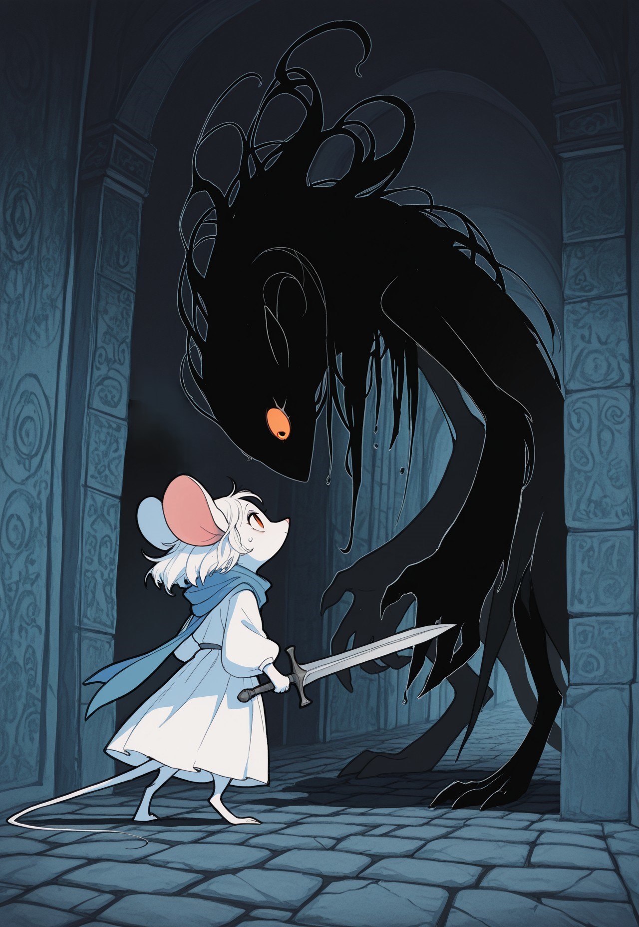 Studio Ghibli Dark Fairytale, DISNEY_ANIMATION, <lora:Dark_Ghibli:1.5>, <lora:Disney_Animation_v5-V7:>,masterpiece, best quality, high quality, newest, highres, absurdres, masterpiece, best quality, amazing quality, (1 shadow monster, silhouette monsters, monsters chasing mouse girl, monster claws reaching, shadowy monster hands reaching), mouse girl, anthro mouse girl, cute, orange eyes, hooded, blue scarf, scarf flowing in wind, from side, ruin background, sweating, holding sword handle, (short hair), hallway, cobblestone floor, coat, tunic, scar on eye, eye contact, (white fur), (furry), bottomless, wielding sword, battle pose, fighting pose, looking around corner, serious, (at an angle), shadowy monster giving chase, eyes in the darkness, exploring dungeon, dungeon background, glancing back over shoulder, action pose, white dress, bottomless masterpiece , focused, determined, fighting pose, amazing quality, intricate details , flowing hair, thin black outline thin, white outline, abstract masterpiece, sharp detail, intricate detail, masterpiece ,amazing quality, intricate details, flowing hair, thin white outline, thin black outline,, limited palette, flowing hair