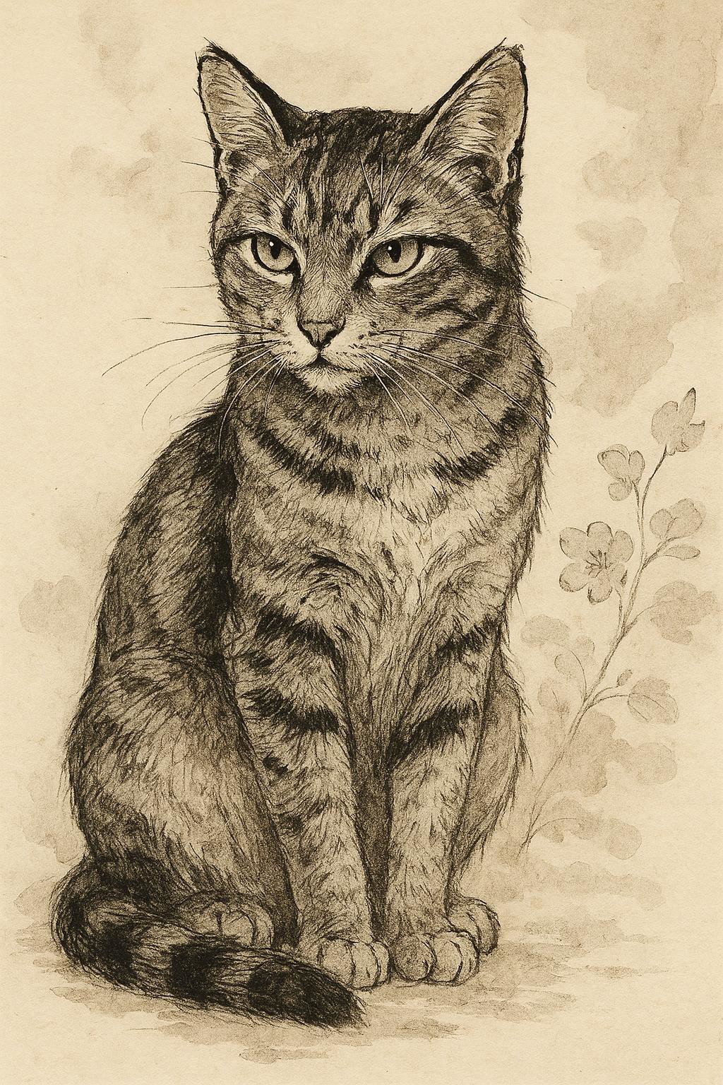 A captivating portrait of a cat rendered in a detailed ink drawing style, reminiscent of traditional East Asian ink wash painting with a touch of modern illustrative flair. The cat's form is depicted with a combination of bold, confident lines and delicate washes of ink, creating a sense of both strength and fluidity. Fine details, such as individual hairs, whiskers, and the texture of the fur, are meticulously rendered, showcasing the artist's mastery of the medium. The cat's eyes are piercing and expressive, captured with careful attention to light and shadow. The background may be minimalist, featuring subtle ink washes or delicate floral patterns, or left entirely blank to emphasize the cat's presence. The overall impression is one of elegance, grace, and feline mystique, captured through the expressive power of ink drawing.