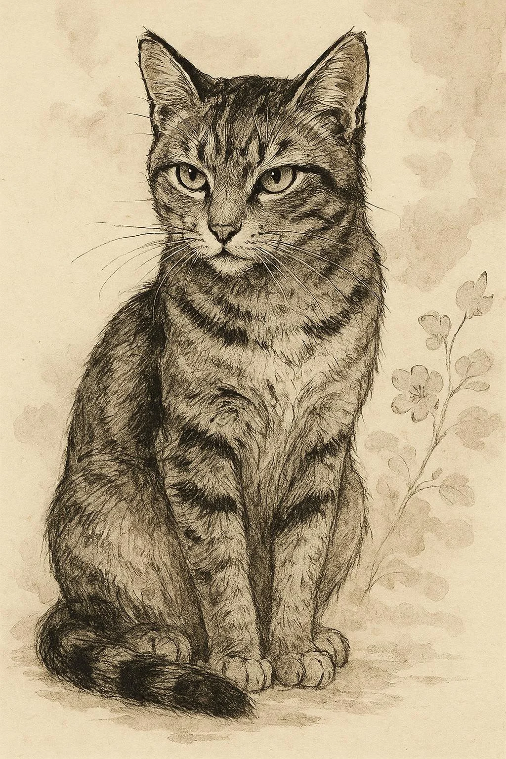 A captivating portrait of a cat rendered in a detailed ink drawing style, reminiscent of traditional East Asian ink wash painting with a touch of modern illustrative flair. The cat's form is depicted with a combination of bold, confident lines and delicate washes of ink, creating a sense of both strength and fluidity. Fine details, such as individual hairs, whiskers, and the texture of the fur, are meticulously rendered, showcasing the artist's mastery of the medium. The cat's eyes are piercing and expressive, captured with careful attention to light and shadow. The background may be minimalist, featuring subtle ink washes or delicate floral patterns, or left entirely blank to emphasize the cat's presence. The overall impression is one of elegance, grace, and feline mystique, captured through the expressive power of ink drawing.