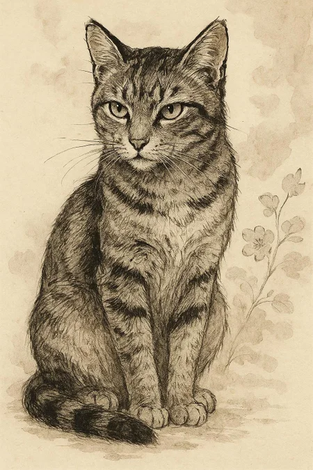 A captivating portrait of a cat rendered in a detailed ink drawing style, reminiscent of traditional East Asian ink wash painting with a touch of modern illustrative flair. The cat's form is depicted with a combination of bold, confident lines and delicate washes of ink, creating a sense of both strength and fluidity. Fine details, such as individual hairs, whiskers, and the texture of the fur, are meticulously rendered, showcasing the artist's mastery of the medium. The cat's eyes are piercing and expressive, captured with careful attention to light and shadow. The background may be minimalist, featuring subtle ink washes or delicate floral patterns, or left entirely blank to emphasize the cat's presence. The overall impression is one of elegance, grace, and feline mystique, captured through the expressive power of ink drawing.