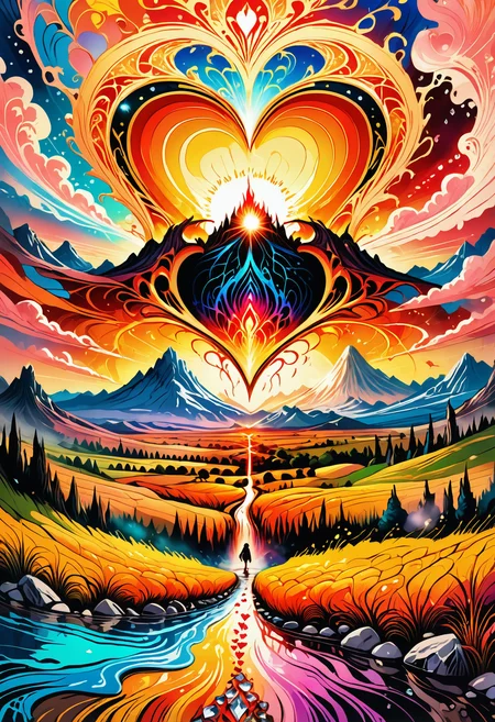 landscape of a Plain Mordor, cultural scenes, Art Deco printmaking, accent lighting, drab, Jed-Spl4sh, splashes, nature art, wallpaper engine,Heart, diamonds, <lora:ColourfulStyleV2:0.7>, original, vivid colors, highly detail, complimentary colors, perfect symmetry