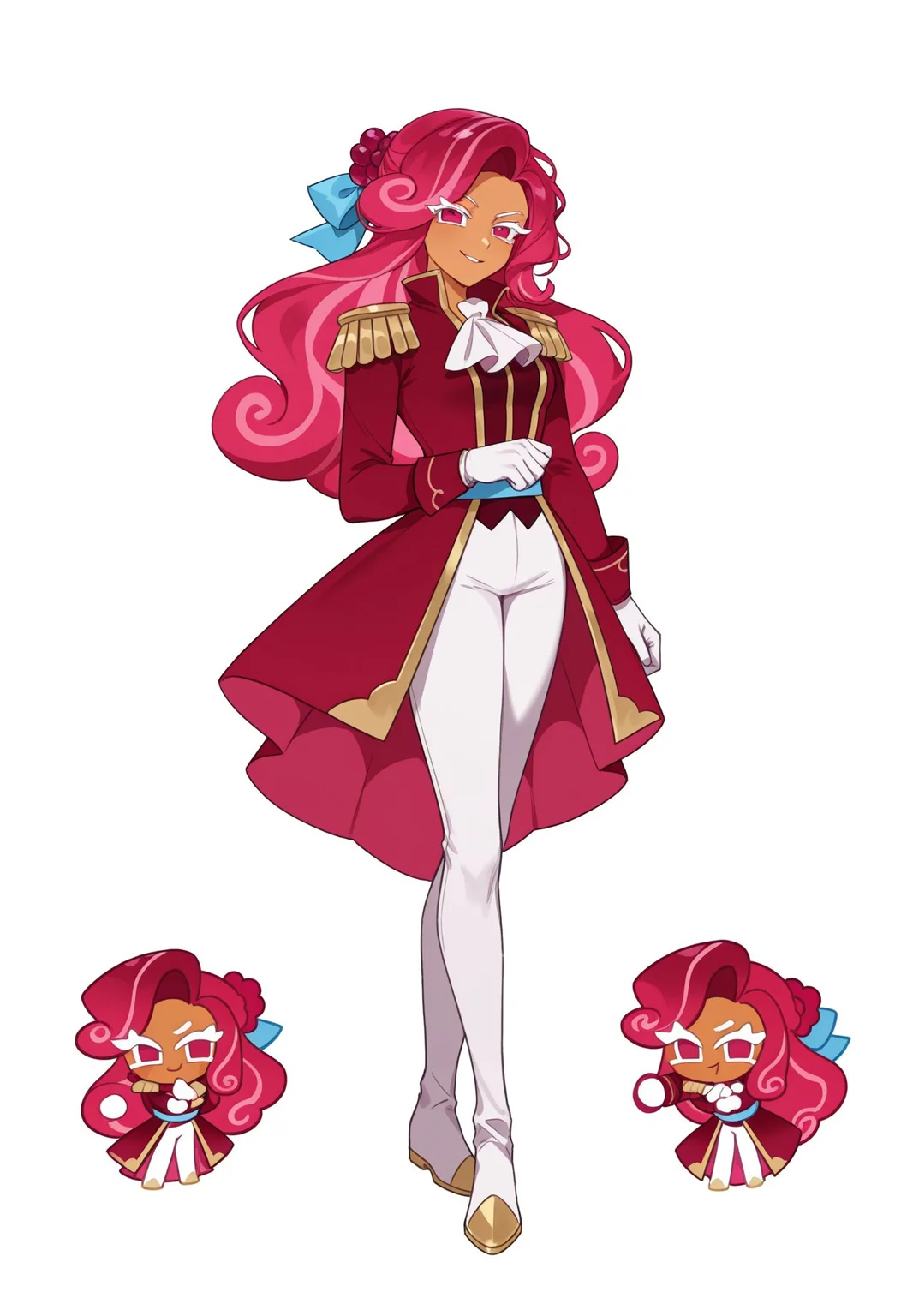 cookie run, cookie run kingdom, anime, masterpiece, best quality, detailed background, 8k, 1girl, solo, raspberry cookie, tan skin, pink hair, long hair, blue hair ribbon, light hair streaks, white eyelashes, pink eyes, cravat, red coat, epaulettes, blue waistband, white gloves, white pants, white boots, chibi, standing, white background, smirk, full body, staring at viewer, no pose,