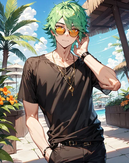 1boy, solo, male only, male focus, cowboy shot, <lora:ezreal_sdxl_lora:0.8>, (ezreal, green hair, yellow eyes), sunglasses, shirt, pants, black shirt, black pants, outdoors, looking at viewer, masterpiece, best quality, very aesthetic, absurdres, very detailed, sensitive, <lora:Lightning-8:0.5>